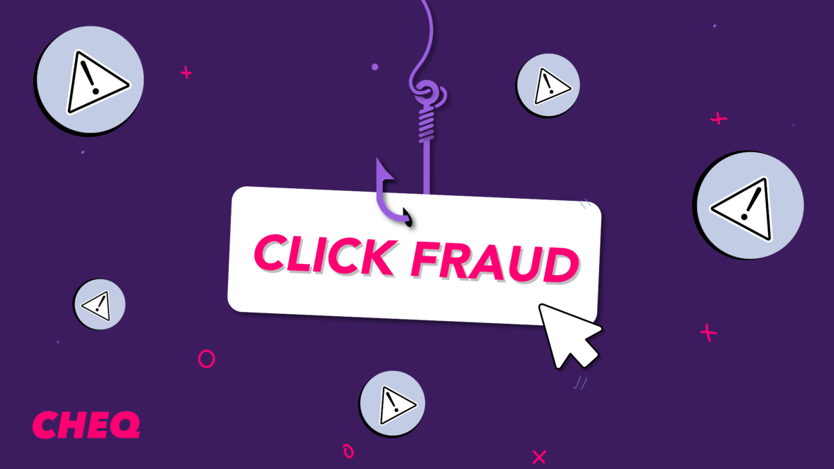 Graphic showing the words “Click Fraud” on a hooked sign, surrounded by warning icons and a cursor to illustrate deceptive or fraudulent ad clicks.