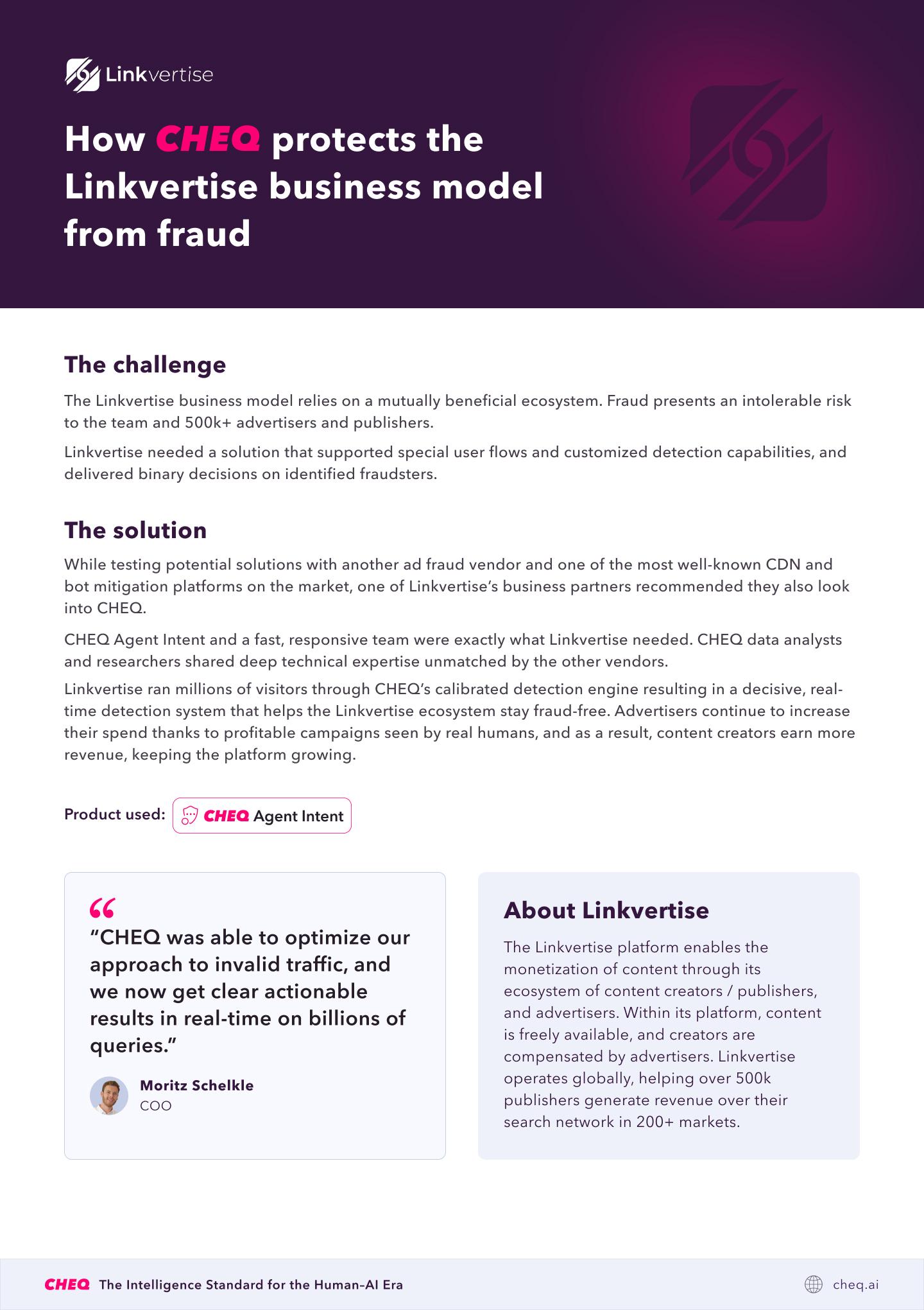 Hero banner: Linkvertise logo and title 'How CHEQ protects the Linkvertise business model from fraud' with a dark purple background and abstract logo on the right.