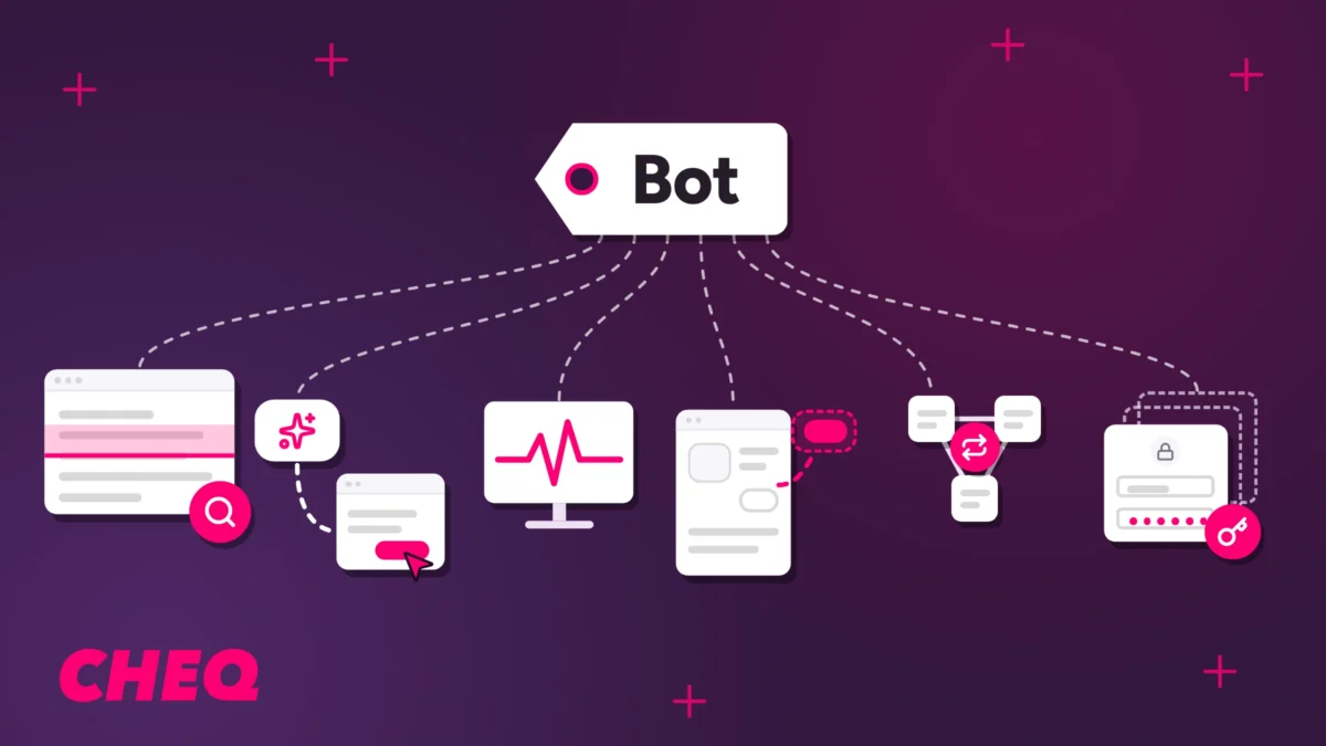 One Bot label tied by dashed strings to six very different pieces of software: a crawler scanning a page, an assistant acting on a page, an uptime monitor, a scraper copying an item off a page, a repeating workflow, and repeated attempts at a login form