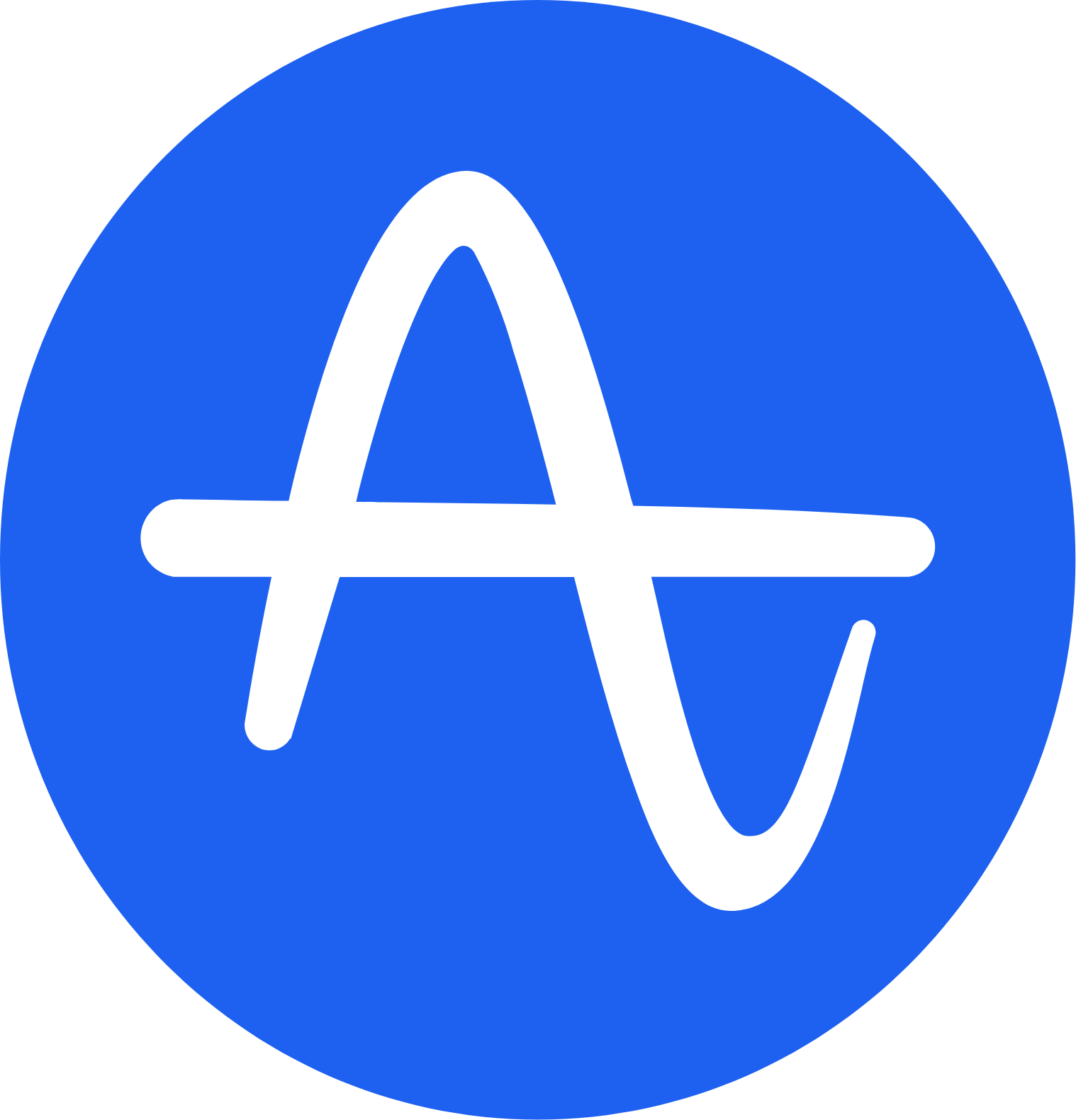 Blue circular logo featuring a black, cursive-looking letter A sweeping across the center.