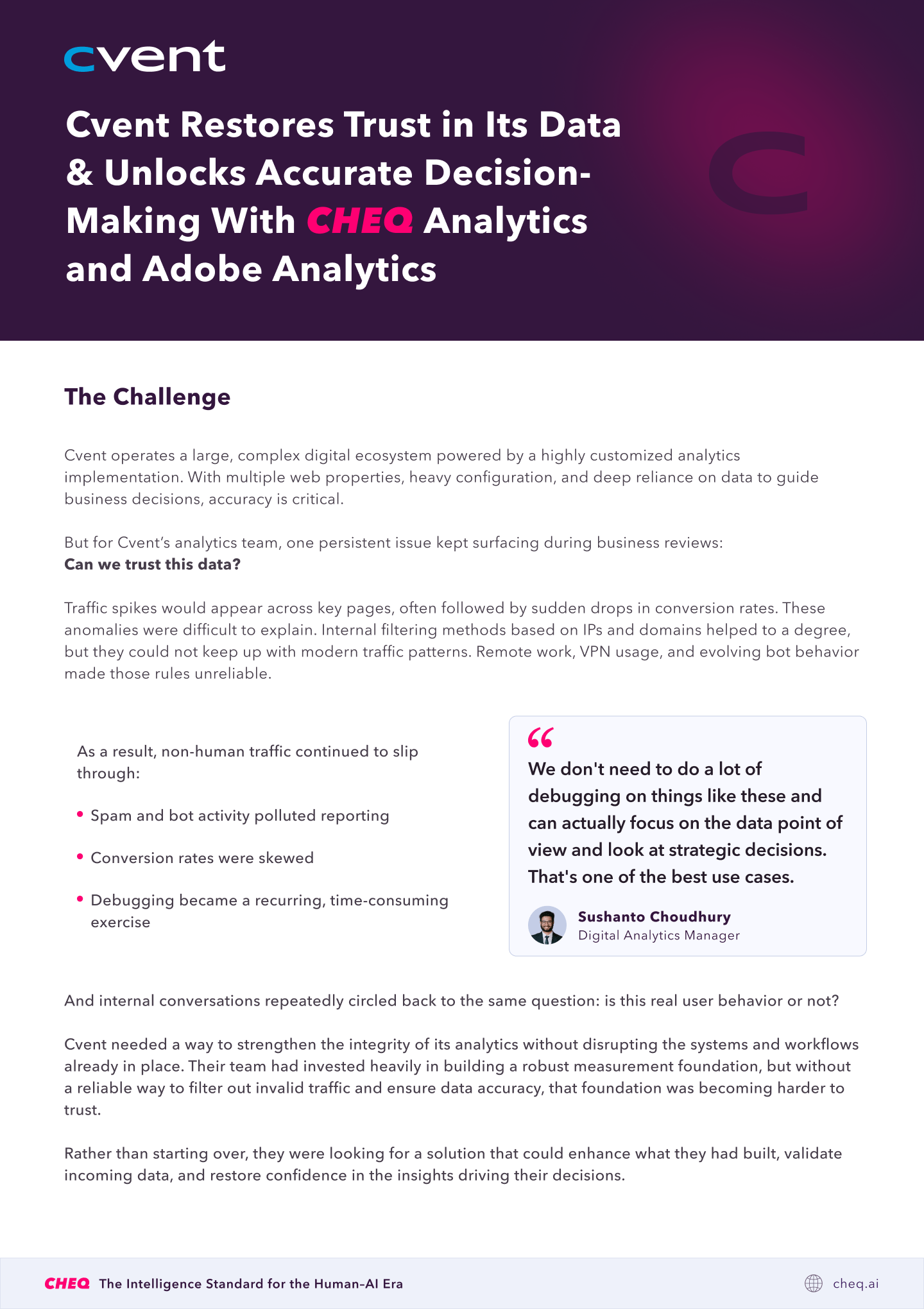 Hero banner showing Cvent logo and the title: 'Cvent Restores Trust in Its Data & Unlocks Accurate Decision-Making With CHEQ Analytics and Adobe Analytics' on a purple gradient background