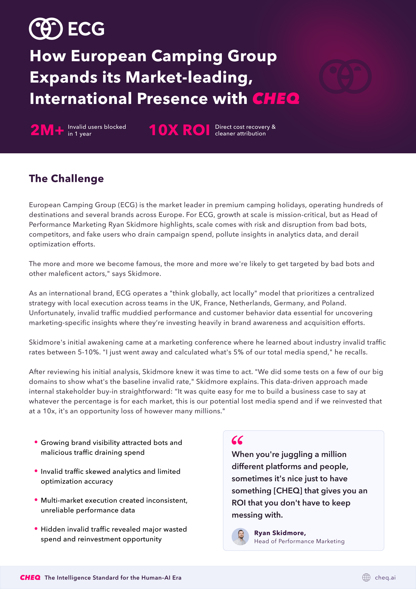 Hero banner: dark purple gradient with ECG logo and large white headline about European Camping Group and CHEQ, plus pink stats on left.
