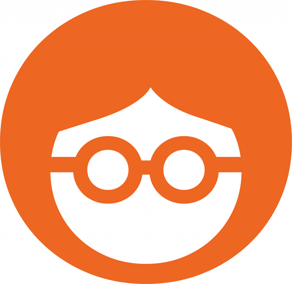 Orange circular icon depicting a nerdy face with round glasses and a masked mouth, suggesting a hacker/anonymous avatar.