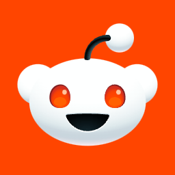 Smiling Reddit Snoo mascot head on an orange background