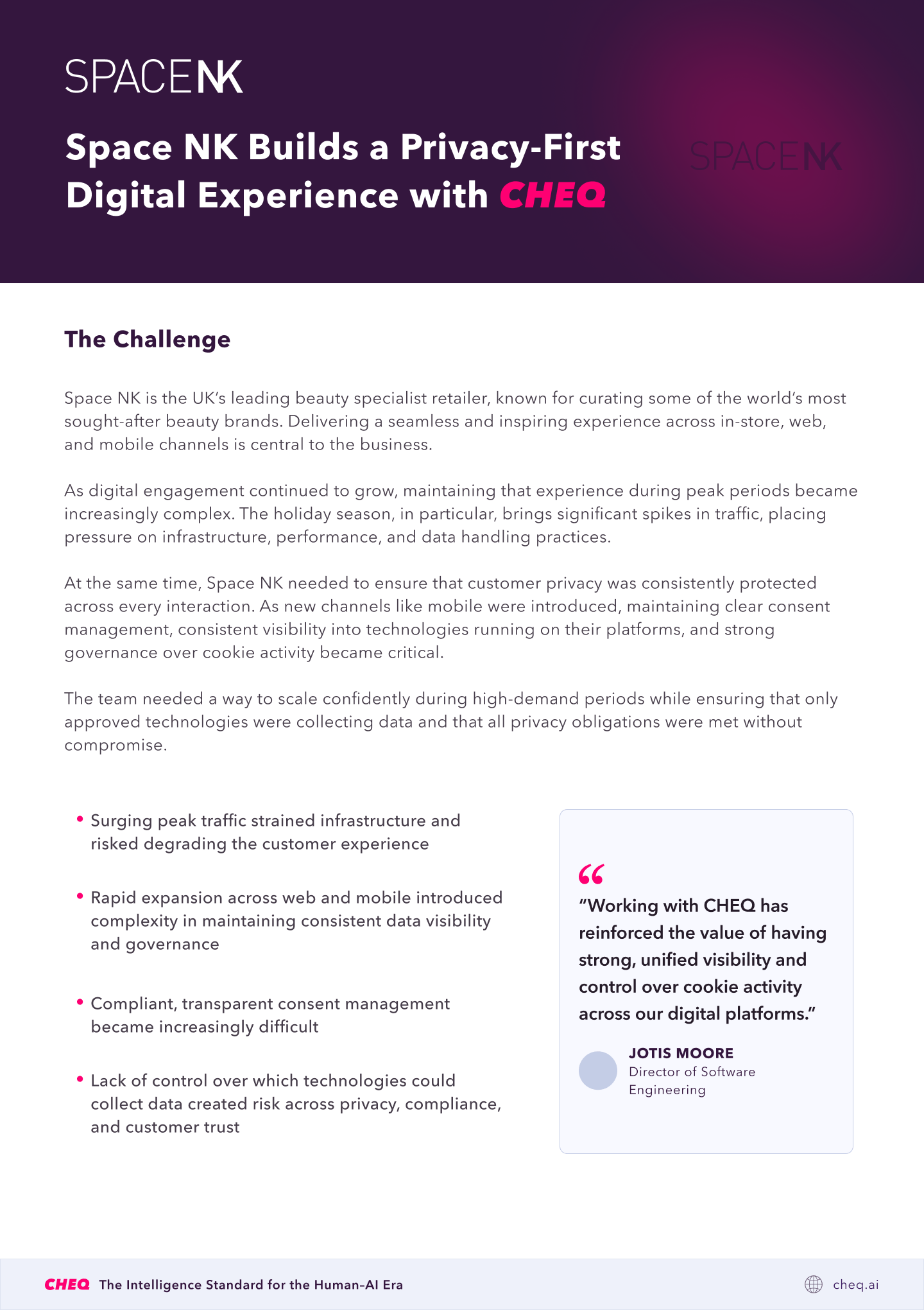 Hero banner showing Space NK branding and the headline “Space NK Builds a Privacy-First Digital Experience with CHEQ” on a dark purple gradient background, CHEQ emphasized in pink.