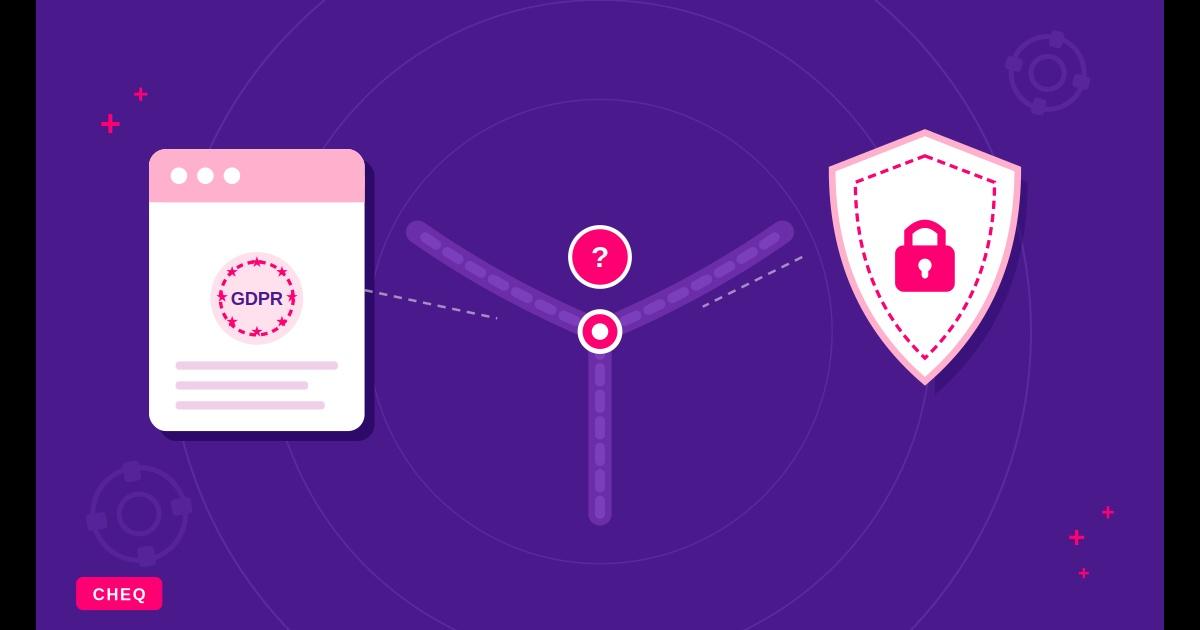 Illustration of a GDPR document on the left and a shield with a lock on the right, connected by a central question mark, depicting a privacy vs. security choice.