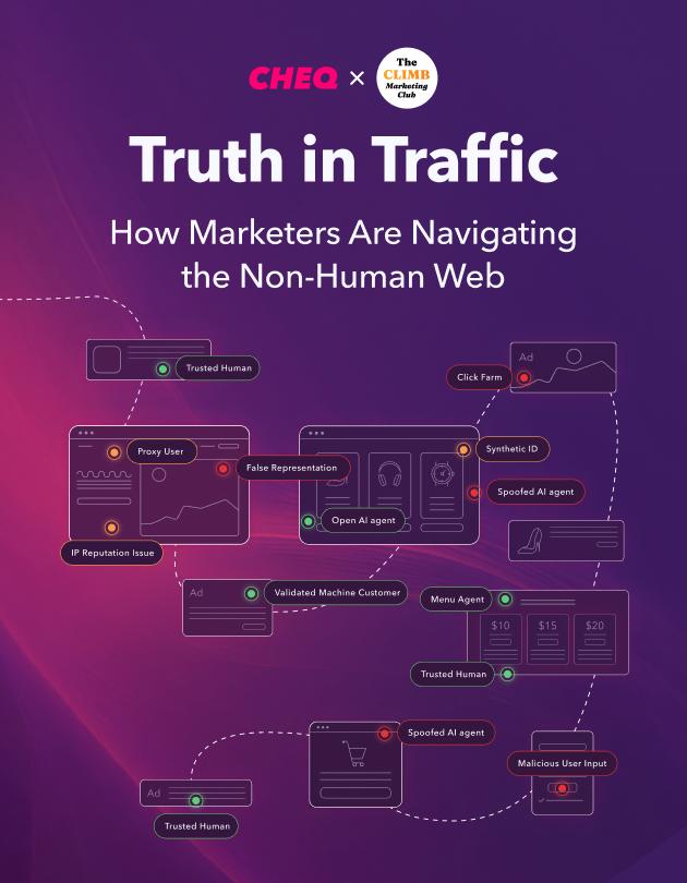 Infographic titled 'Truth in Traffic' showing how marketers navigate the non-human web with labeled nodes and flows of AI agents, ads, and trusted humans on a purple gradient background.