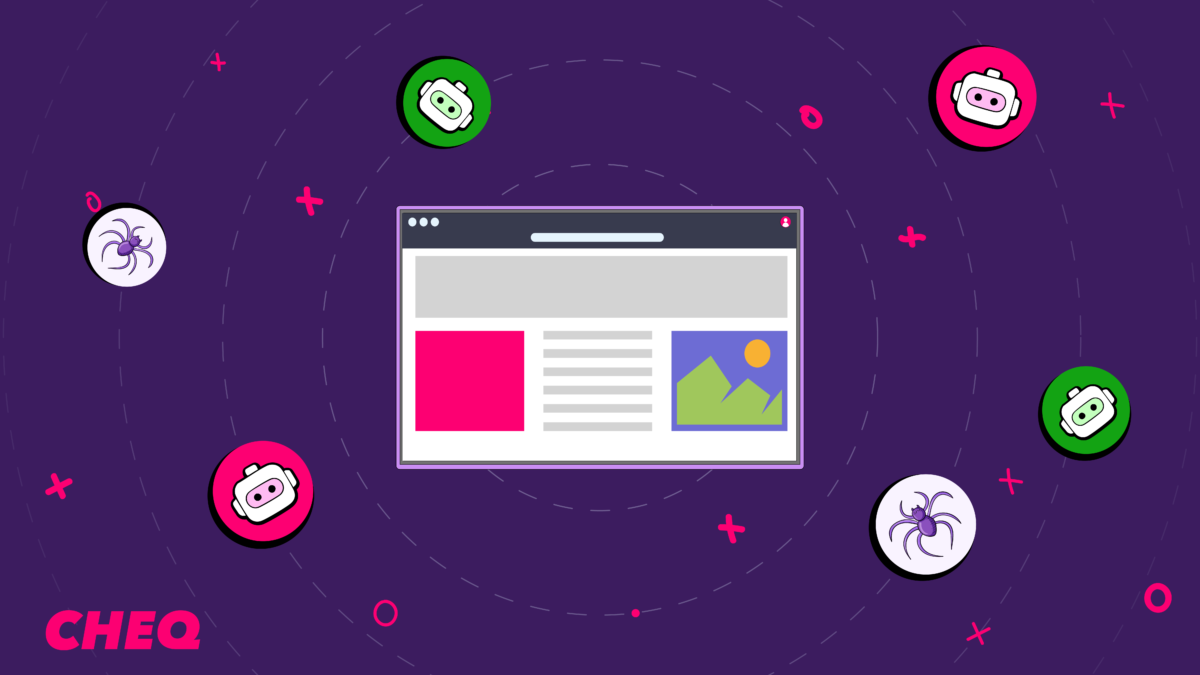 Illustrated browser window with a mix of spiders and bots circling the browser.