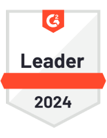 G2 Leader badge for 2024: shield-shaped award with a red ribbon and the text 'Leader 2024'.