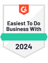 G2 award badge reading 'Easiest To Do Business With' with teal ribbon and 2024 year