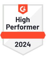 G2 High Performer badge for 2024 with a red ribbon across a shield-shaped badge