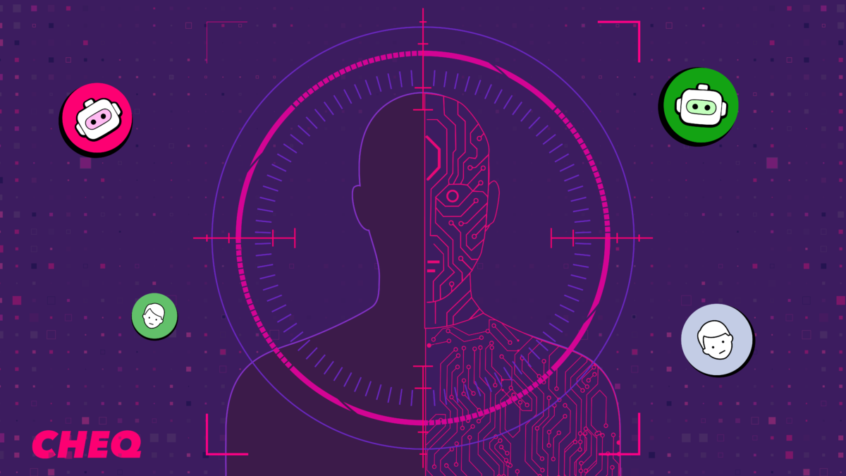 Illustrated bot being targeted with CHEQ branding.