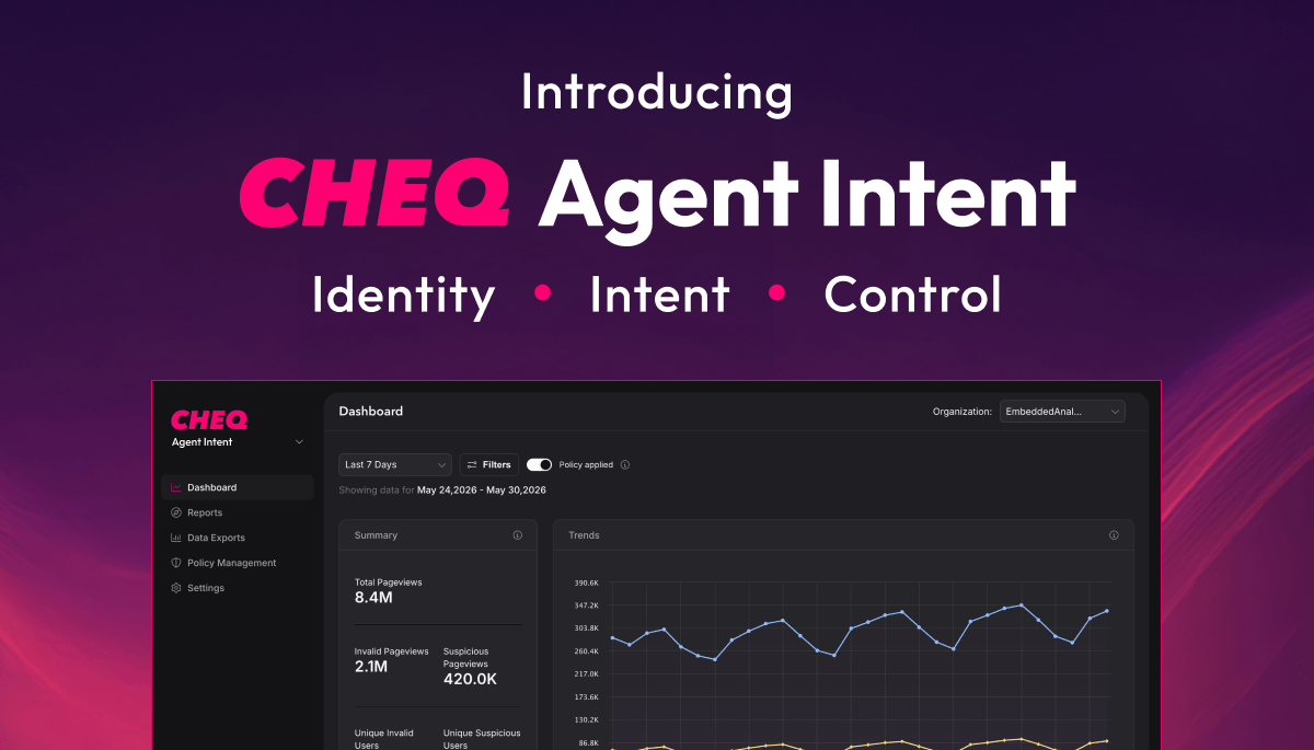 CHEQ Agent Intent hero banner with bold pink CHEQ logo text and 'Agent Intent' alongside 'Identity • Intent • Control' and a dark analytics dashboard preview beneath the title.