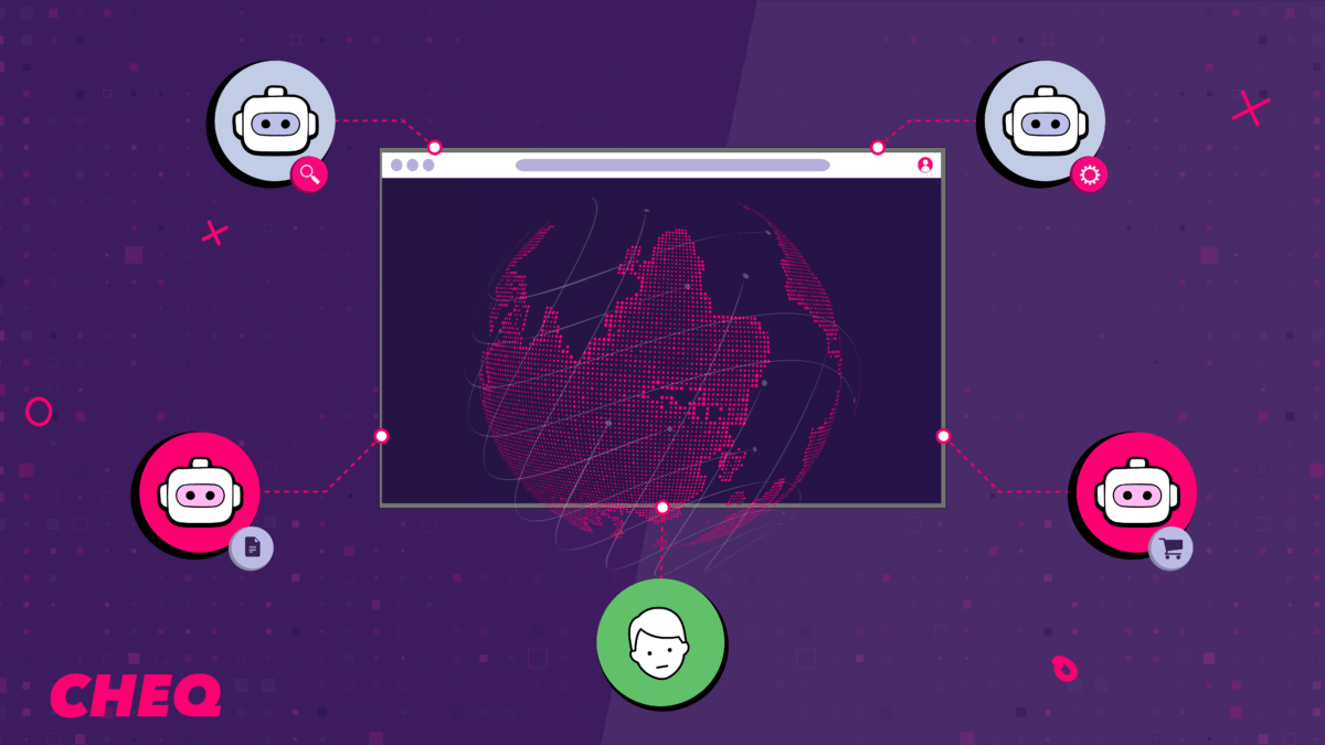 Decorative illustration of a monitor showing a dotted globe and network lines, connected to round avatar icons around the screen on a purple background (CHEQ branding).