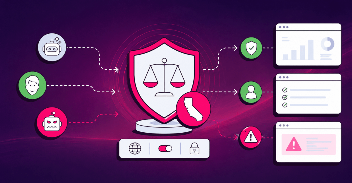 Central shield with scales represents security; dashed arrows link left icons (robot, person, malware) to right-side dashboards and alerts, illustrating data protection flow.