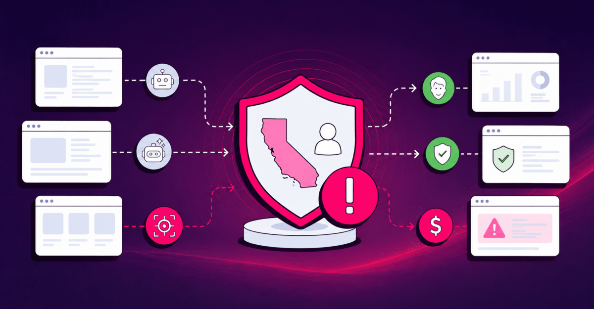 Central shield with California map and user icon, connected by dashed lines to left web panels and right security indicators.