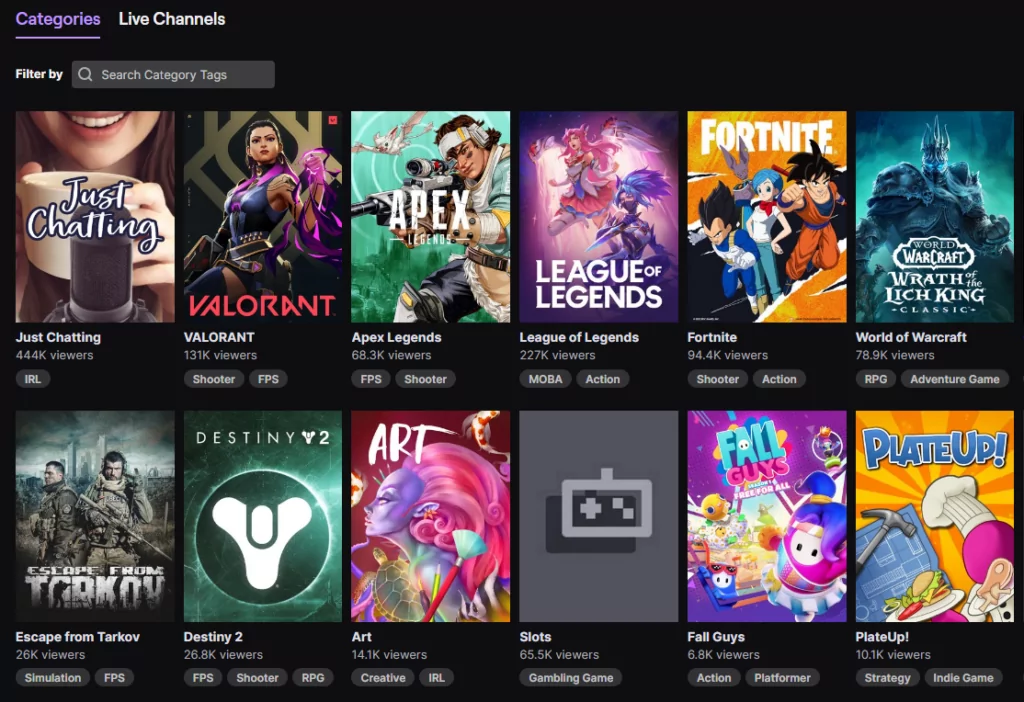 The Twitch directory prioritizes streams with high view counts.